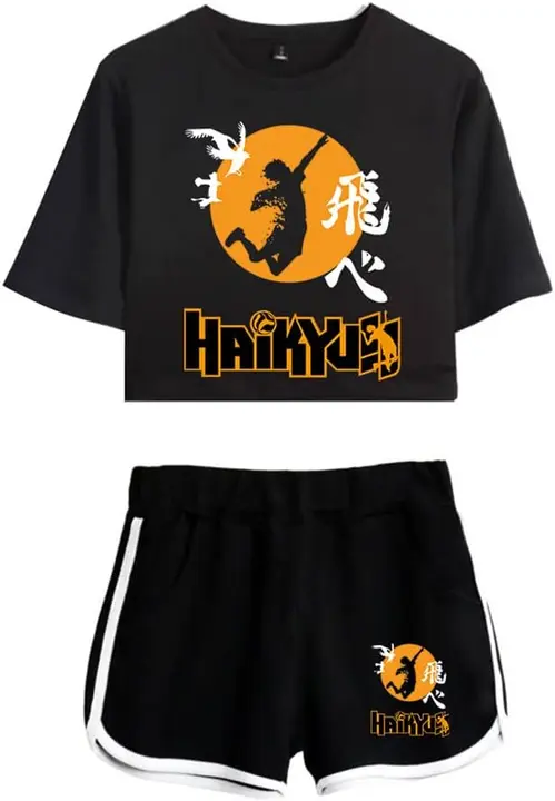 Conjunto camiseta + shorts Haikyuu logo Karasuno (silueta de remate), negro
