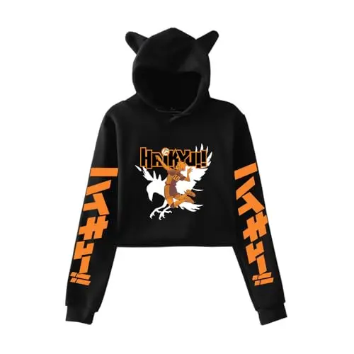Sudadera Cropped Haikyuu Hinata sobre Cuervo Gigante con Capucha de Orejas de Gato (negro)