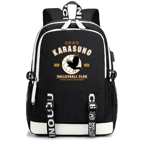 Mochila Escolar Haikyuu Karasuno Negra Logo "Volleyball Club / The Flightless Crows"