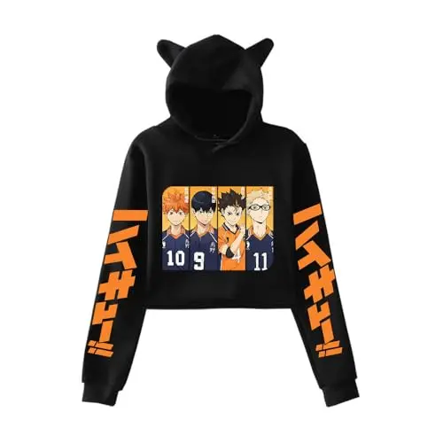 Sudadera Cropped Haikyuu Cuarteto Karasuno #10 #9 #4 #11 con Capucha de Orejas de Gato (negro)