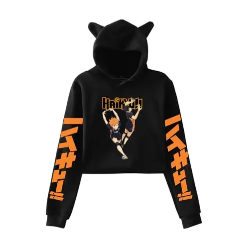 Sudadera Cropped Haikyuu Hinata y Kageyama Chibi Saltando con Capucha de Orejas de Gato (negro)