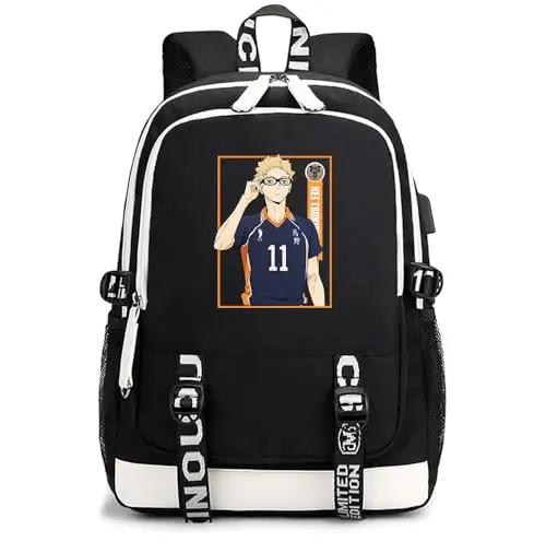 Mochila Escolar Haikyuu Karasuno Negra Estampado Tsukishima Kei
