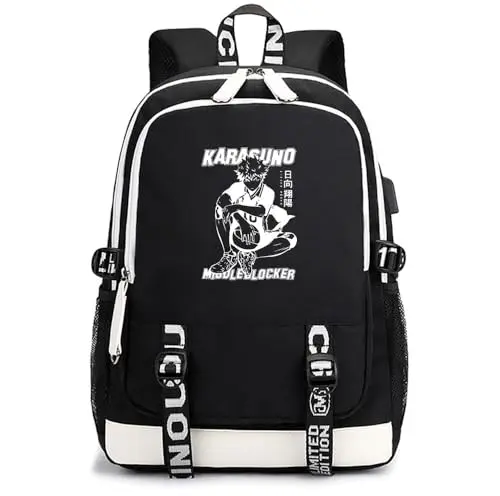 Mochila Escolar Haikyuu Karasuno Negra Hinata Shoyo "Middle Blocker" Monocromo