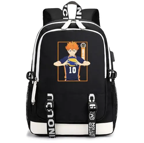 Mochila Escolar Haikyuu Karasuno Negra Estampado Hinata Shoyo