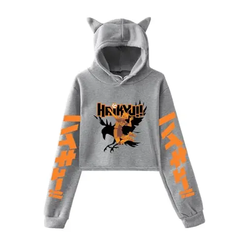 Sudadera Cropped Haikyuu Gris Hinata sobre Cuervo con Capucha de Orejas de Gato