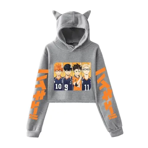 Sudadera Cropped Haikyuu Gris Cuarteto Karasuno #10 #9 #4 #11 con Capucha de Orejas de Gato