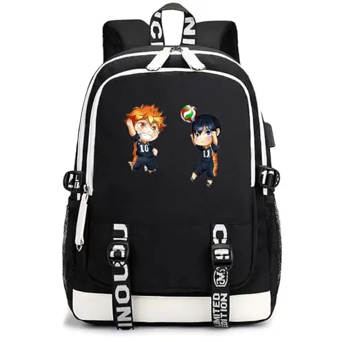 Mochila Escolar Haikyuu Karasuno Negra Chibi Hinata y Kageyama