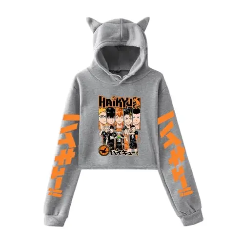 Sudadera Cropped Haikyuu Equipo Karasuno Gris con Capucha de Orejas de Gato