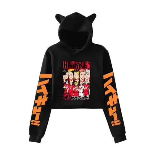 Sudadera Cropped Haikyuu Elenco Coral/Rojo con Capucha de Orejas de Gato