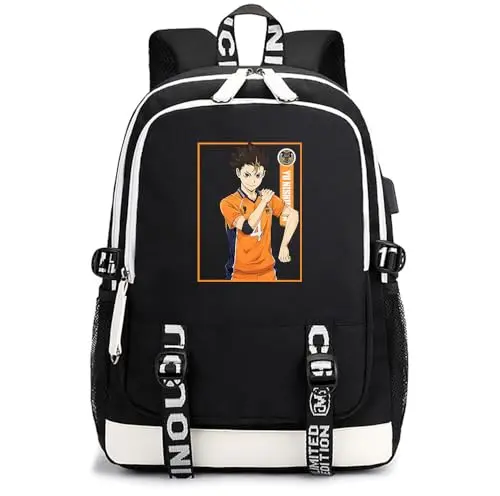 Mochila Escolar Haikyuu Karasuno Negra con Estampado de Jugador