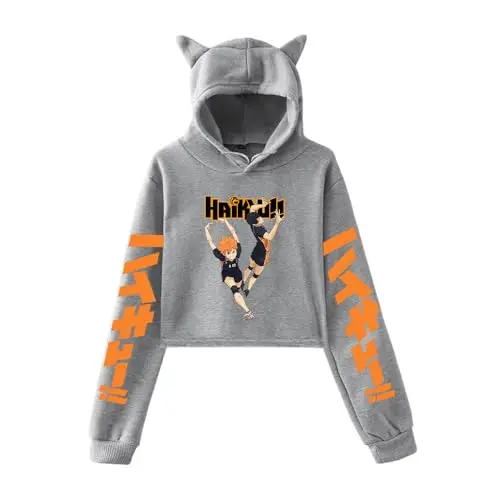 Sudadera Cropped Haikyuu Gris Hinata y Kageyama Chibi Saltando con Capucha de Orejas de Gato