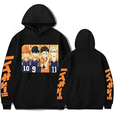 Sudadera con Capucha Haikyuu Panel 4 Personajes (negro)