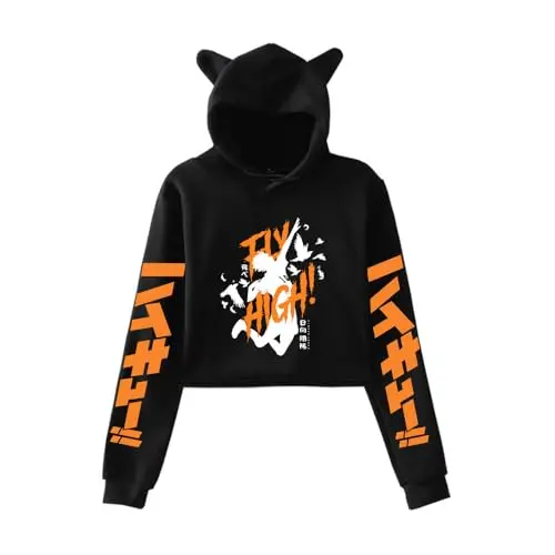 Sudadera Cropped Haikyuu "Fly High!" con Capucha de Orejas de Gato — Silueta de Salto (negro)