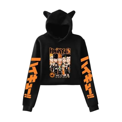 Sudadera Cropped Haikyuu con Capucha de Orejas de Gato — Equipo Karasuno (negro)