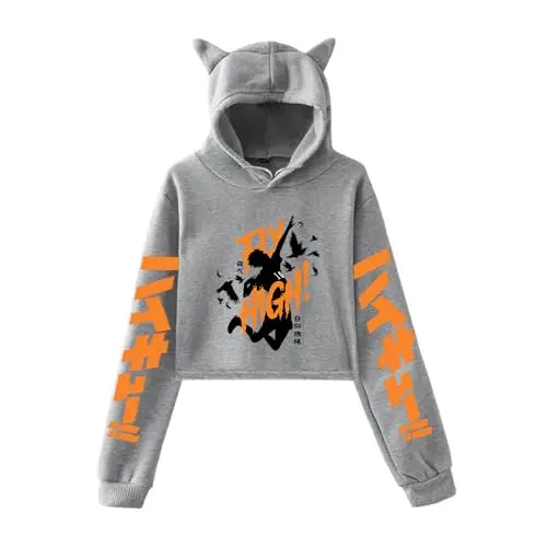 Sudadera Cropped Haikyuu Gris "Fly High!" Silueta de Salto con Capucha de Orejas de Gato