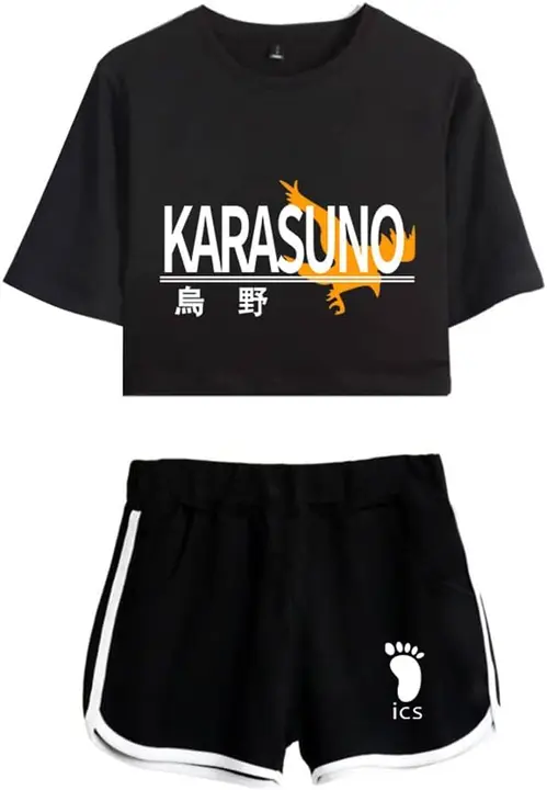 Conjunto camiseta + shorts Haikyuu logo "KARASUNO", negro