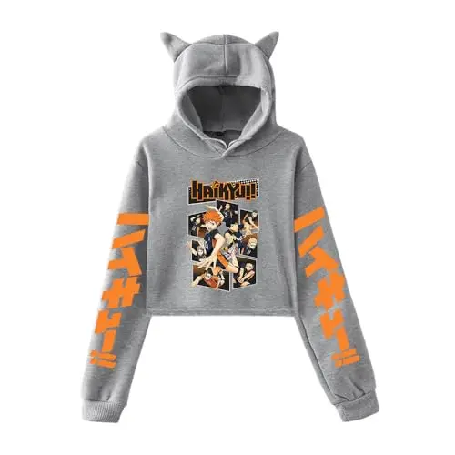 Sudadera Cropped Haikyuu Gris Hinata Collage Manga con Capucha de Orejas de Gato